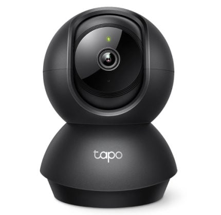 Tapo webcam on a round stand, front-facing lens with a small green activity LED indicator