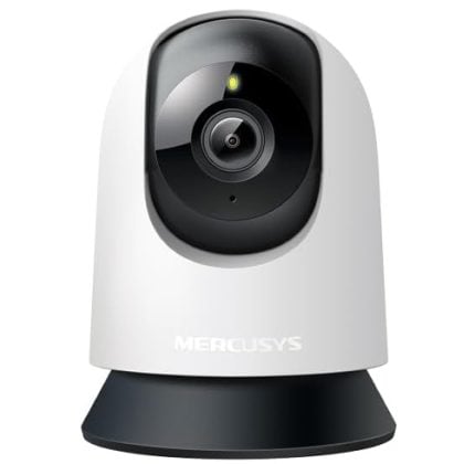 Mercusys desktop webcam with white body and black lens housing, mounted on a circular black base.