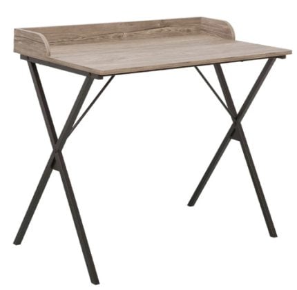 Desk with light wood surface, small raised back panel, and black crisscross metal legs.