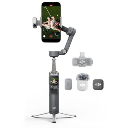 DJI handheld 3-axis gimbal with a smartphone mounted for stabilized mobile video, with nearby accessories for filming.