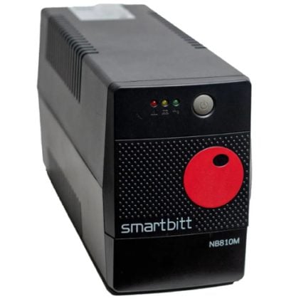 Black Smartbitt NB810M uninterruptible power supply with red circular power button and status LEDs on the front panel