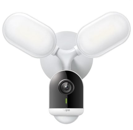 Wall-mounted security light with two large LED floodlights and a central camera lens, showing a green status LED.