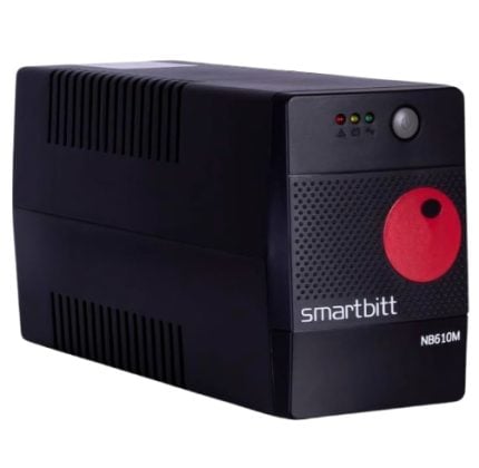 Black UPS device with front grille, red round outlet cover, and LED indicators; branded 'smartbitt'. NB610M model likely.