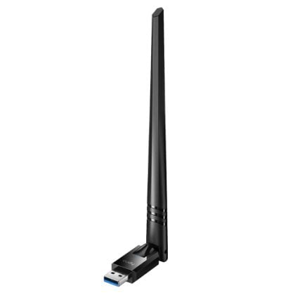 Black USB wireless network adapter with a tall external antenna, used to provide Wi‑Fi connectivity.