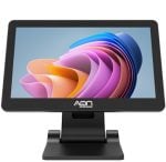 Black touchscreen monitor on a stand displaying a colorful abstract wallpaper.-