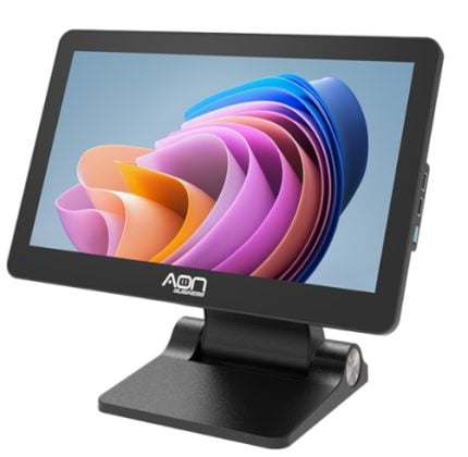 Portable monitor on a stand displaying a colorful abstract swirl wallpaper across the screen