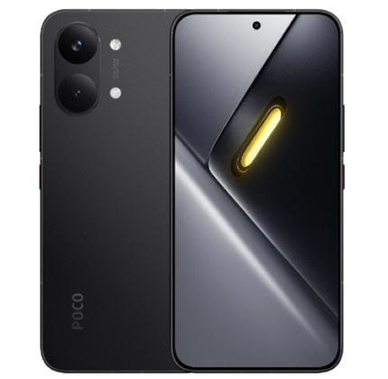 Black Poco smartphone shown from back and front, featuring a dual-camera module, Poco logo, and a yellow notification light on the display edge.