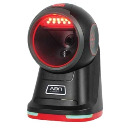 Desktop 3D scanner on a base with a red LED ring and visible camera lens inside the circular head