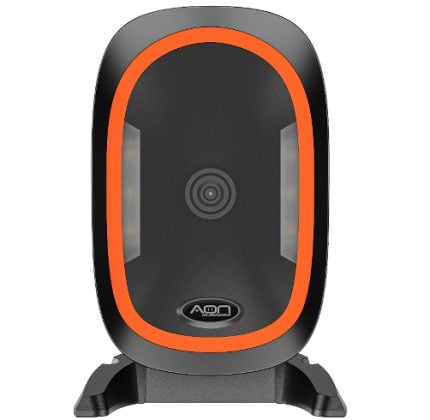 Front view of a black desktop speaker with an orange outer ring and textured base.