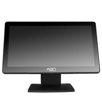 Black computer monitor on a rectangular pedestal stand, front view.