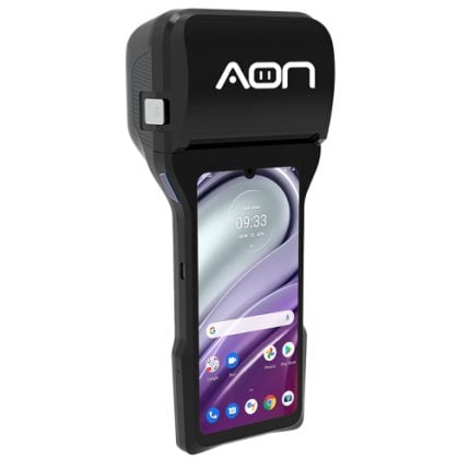 Rugged smartphone in a black protective case with a projector attachment on top; home screen visible on the phone.