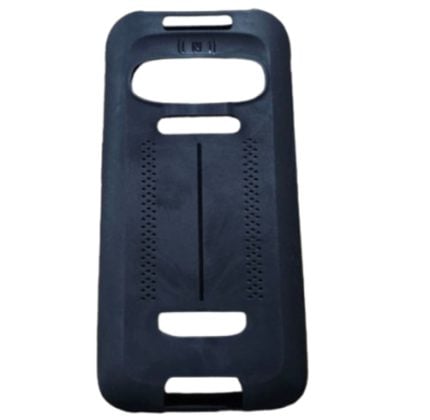 Dark blue plastic protective shell with top and bottom grip openings and a central vertical slot.