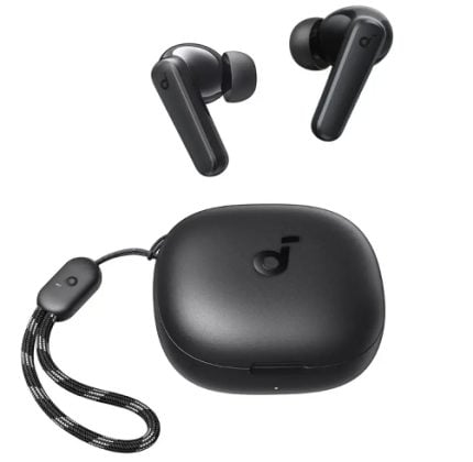 True wireless earbud set with a black charging case and matching earbuds.