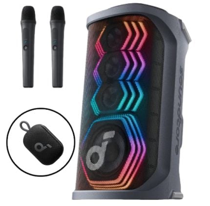 Portable party speaker with colorful RGB lighting, plus two wireless mics and a small black wireless receiver case.