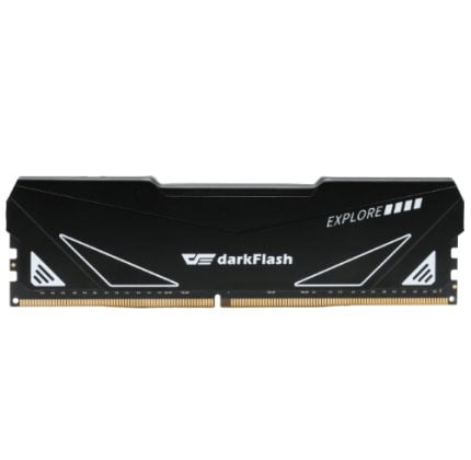 darkFlash Explore RAM module with a black angular heatsink and gold contact pins about to be installed in a PC