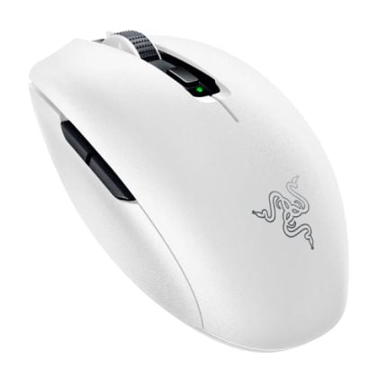 White wireless gaming mouse with two side buttons, a textured scroll wheel, and a green indicator LED (Razer logo visible).