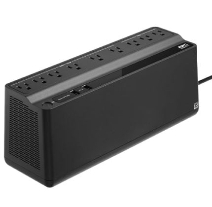 Black rectangular surge protector/power strip with multiple outlets on the top, two USB ports, and a cord extending to the right.