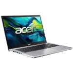 Open silver Acer laptop at a slight angle, displaying a colorful wallpaper with the Acer logo on the screen.