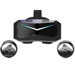 Black angular virtual reality headset with matching two handheld controllers on either side, ready for immersive VR gaming.