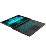 Open gaming laptop with turquoise backlit keyboard, angled to show a blue-glow screen displaying 'GIGABYTE'.