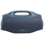 Blue portable Bluetooth speaker with a built-in handle and fabric grille.