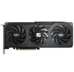 Triple-fan Gigabyte graphics card with PCIe interface, shown in a horizontal orientation.