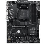 MSI gaming motherboard with black PCB, CPU socket, two RAM slots, PCIe x16 slot, heatsink with MSI dragon logo, and I/O panel on the left.