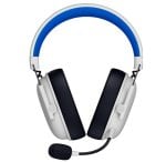 White and blue over-ear headset with a boom microphone for calls or gaming.