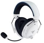 White over-ear gaming headset with an adjustable boom mic, black cushioned ear cups, and blue stitching details.