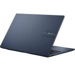 Dark blue ASUS VivoBook laptop, closed, angled view showing the lid and logo.