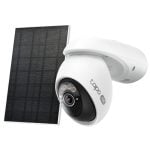 Solar-powered outdoor security camera with a mounted solar panel for continuous surveillance.
