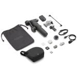 Osmo handheld gimbal and accessory kit laid out: stabilizer body, protective pouch, charging cables, mounts and adapters for smooth video capture.