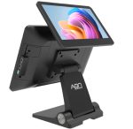 POS tablet on an adjustable stand, showing a touchscreen display and back ports visible