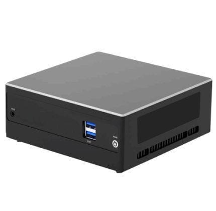 Small black mini PC with front USB 3.0 port, audio jack, and power button on the front panel.