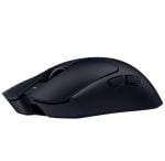 Black wireless gaming mouse with side buttons and a green LED indicator on the front left.