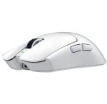 White wireless computer mouse with side buttons and a scroll wheel, shown from a low angle.