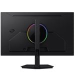 Rear view of a gaming monitor, showing a circular RGB-lit ring around the central stand and hexagonal back panels.
