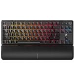 Full-size keyboard with rainbow RGB backlighting and a textured wrist rest underneath.