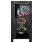 Back view of a black mid-tower PC case with a rainbow RGB rear exhaust fan, PCIe slots, and a bottom PSU bay.
