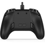 Back view of a black game controller with textured grips, center battery area, and a USB-C charging cable plugged into the top.