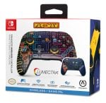Pac-Man themed Lumectra wireless Nintendo Switch controller packaging, showing a large colorful arcade-style controller on the front and a smaller inset controller image.
