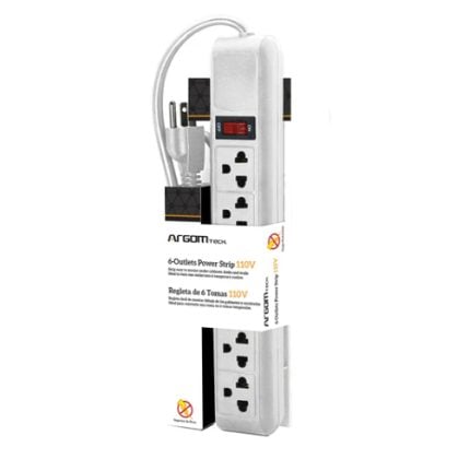 Six-outlet power strip with a red on/off switch, packaged upright for display (110V).