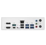 Rear I/O panel on a motherboard: HDMI, DisplayPort, multiple USB 3.0 ports, Ethernet, and color-coded audio jacks (blue, green, pink).