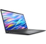 Slim black laptop open at a slight angle on a white background, screen displaying colorful abstract waves while the keyboard is visible.