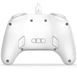 Back view of a white wireless game controller with a charging cable connected at the top and textured side grips.