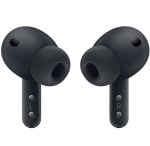 Pair of black wireless earbuds with silicone ear tips, left and right labeled on the stems.