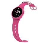 Pink kids' smartwatch with a round black display and a pink silicone band, shown at an angled view.