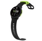 Black round-faced smartwatch with a black band and bright green accents, showing time and activity metrics on the screen.