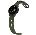 Smartwatch with an olive green strap and a round black display showing 10:28 and activity icons on a white background.