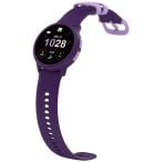 Purple smartwatch with a matching purple band, display showing time and activity metrics at an angled view